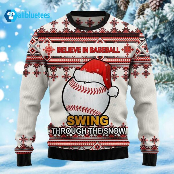 Believe In Baseball Swing Through The Snow Christmas Sweater