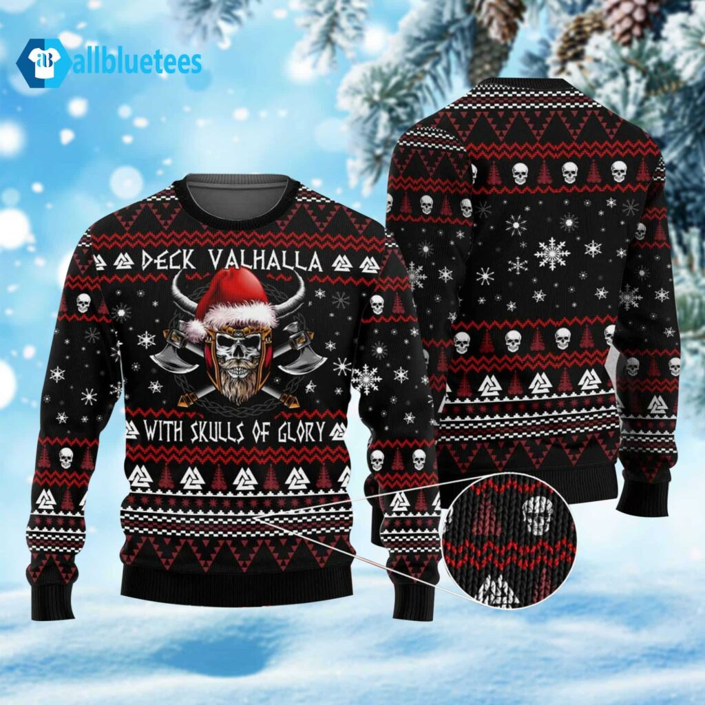 Deck Valhalla With Skulls Of Glory Viking Skull Christmas Ugly Sweater