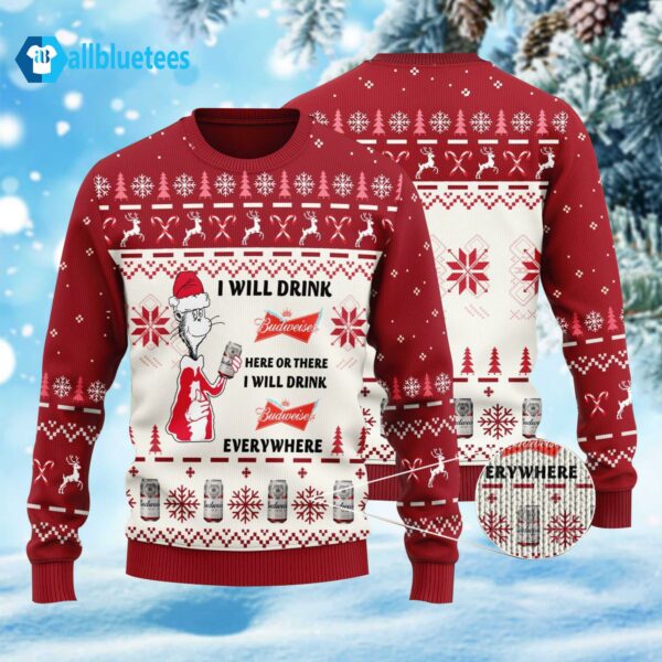 Dr. Seuss I Will Drink Budweiser Here Or There Ugly Christmas Sweater