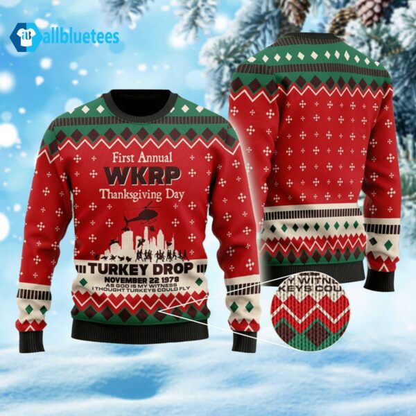 WKRP In Cincinnati Ugly Sweater First Annual WKRP Turkey Drop Ugly Christmas Sweatshirt 2023