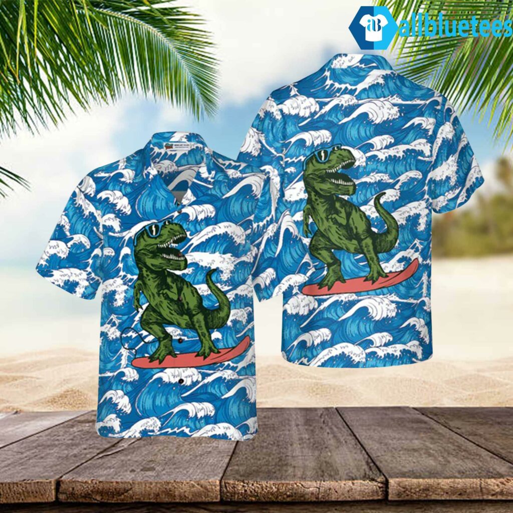 Surfing T-Rex Dinosaur Hawaiian Shirt